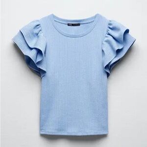 Zara Blue Ruffle Sleeve Tee Size Small